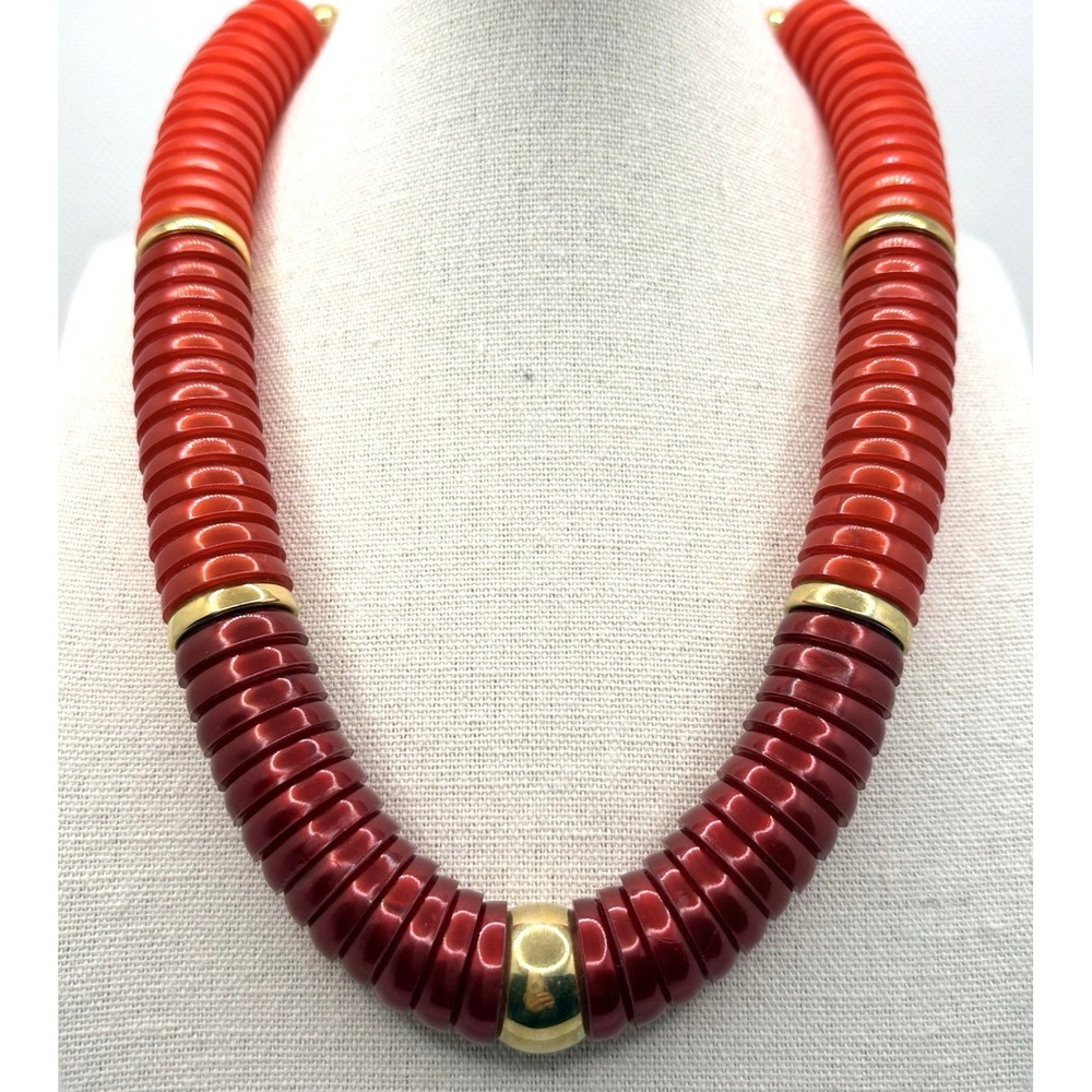Vintage Avon Dramatic Coiled Disc Red & Gold Tone Choker Necklace Chunky 1986 - Picture 2 of 7